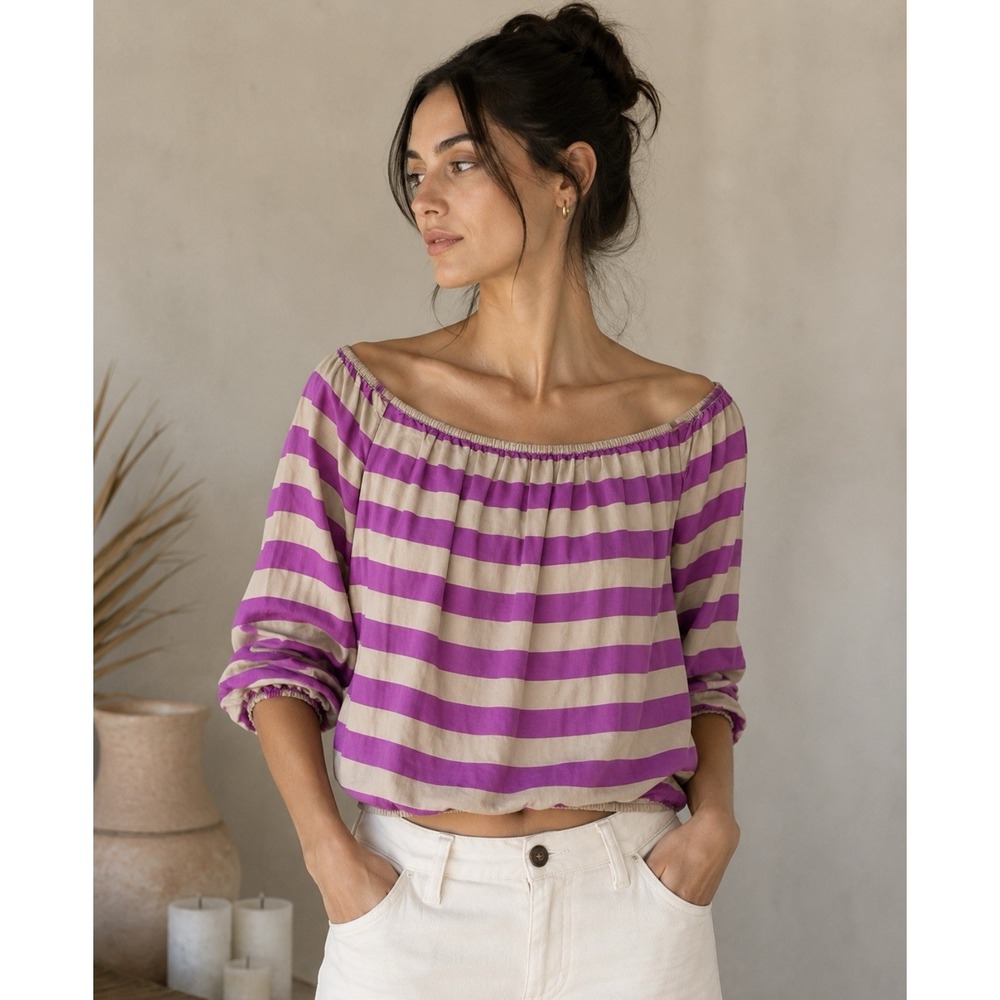BCBGMAXAZRIA 100% Silk Top 3/4 sleeve cropped retro stipe Customizable neckline